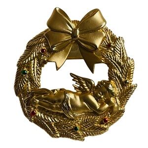 Vintage 80s Signed JJ Goldtone Angel Wreath With Red And Green Cabochons Accents